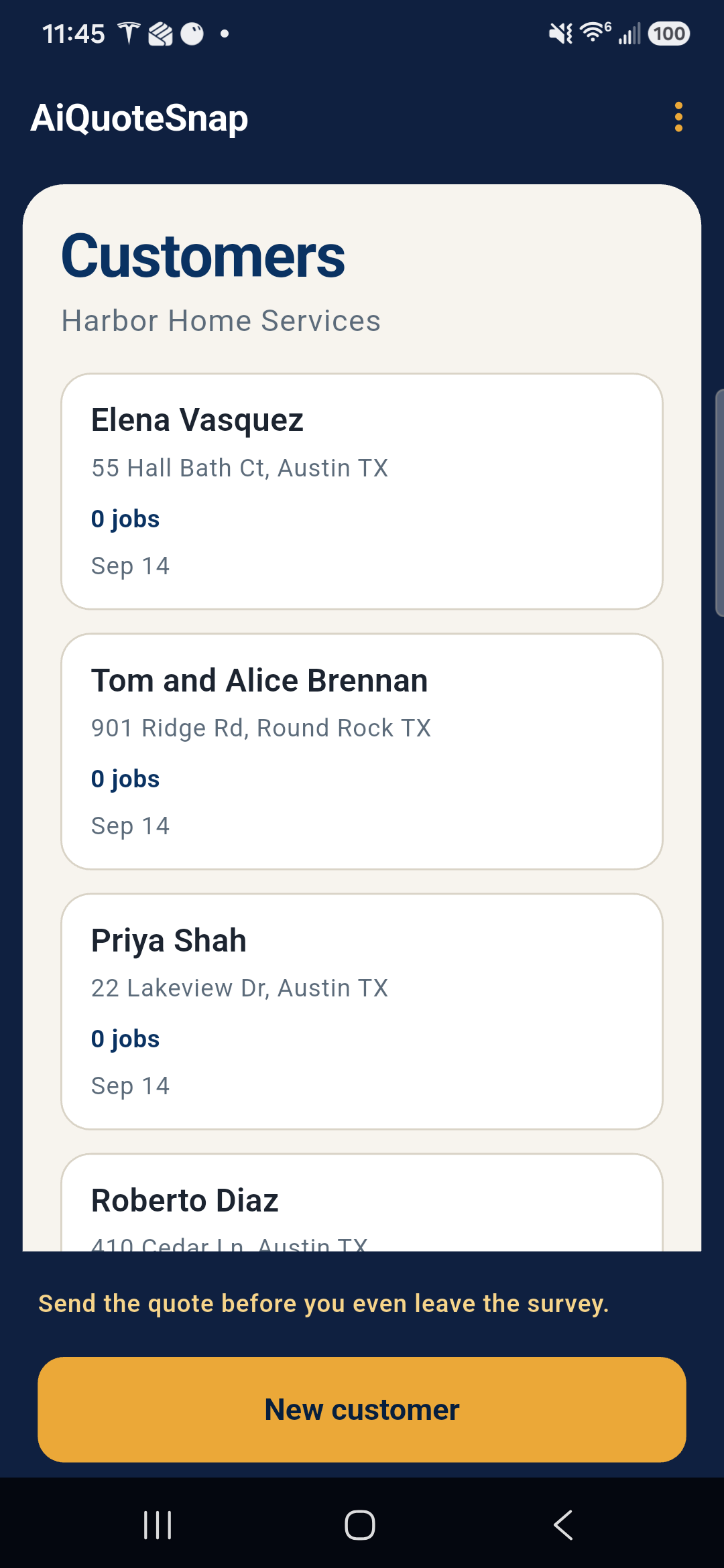 AiQuoteSnap customers list for Harbor Home Services with a full sample roster and the line Send the quote before you even leave the survey.