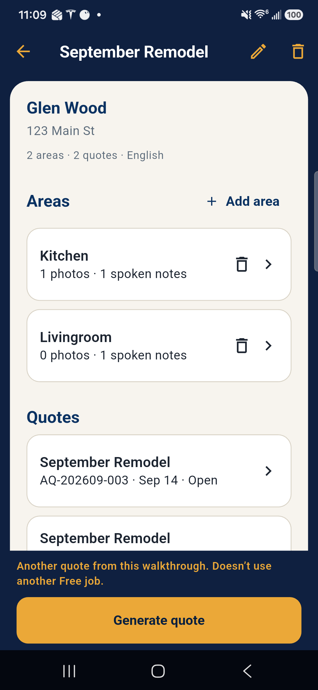 Job screen with Kitchen and Livingroom areas and quotes list.