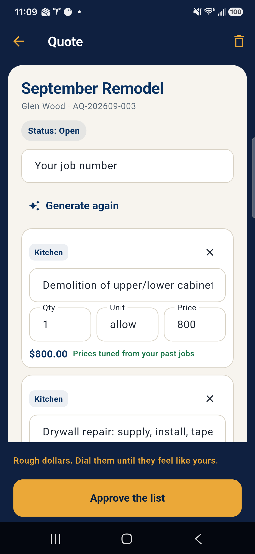Quote builder with editable lines and prices tuned from past jobs.