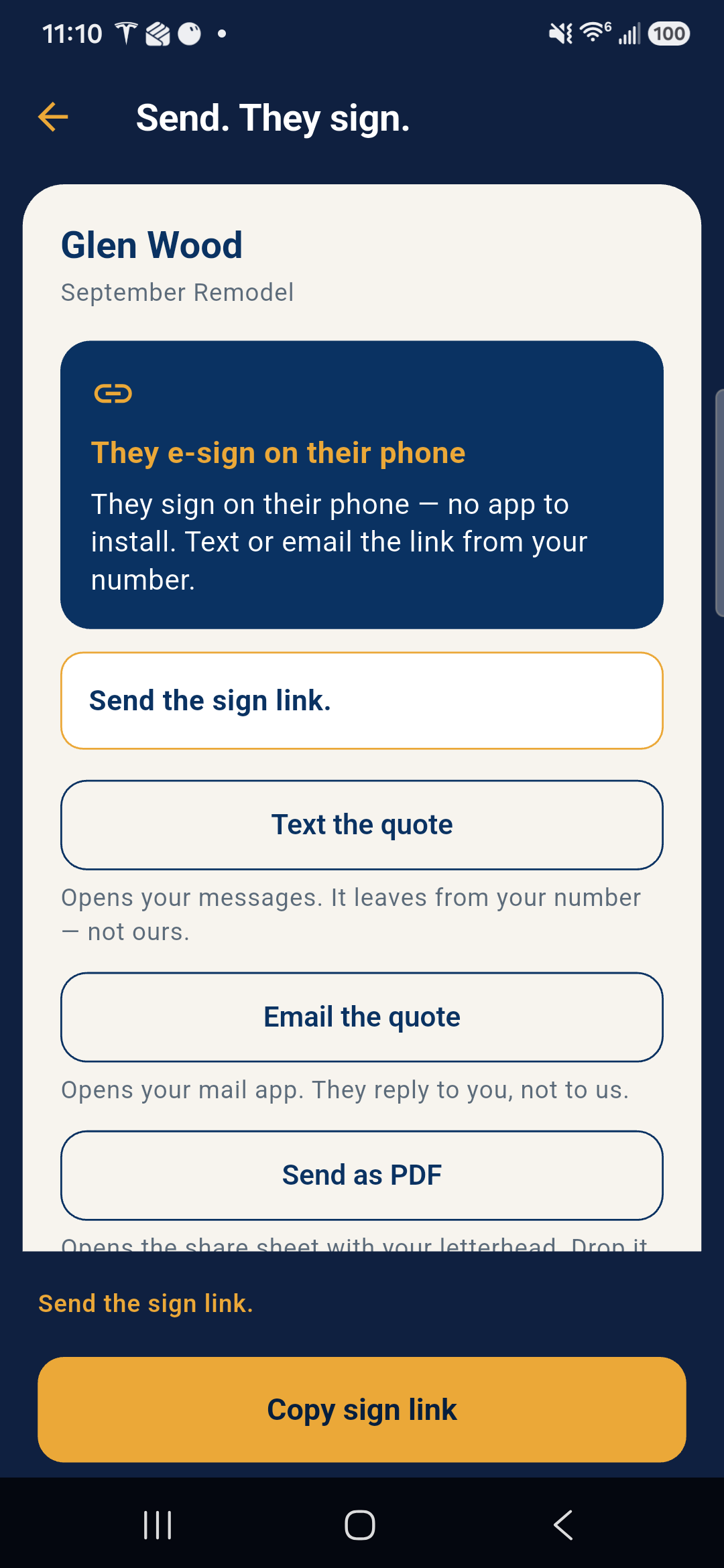 Send. They sign. screen with Copy sign link and text or email options.