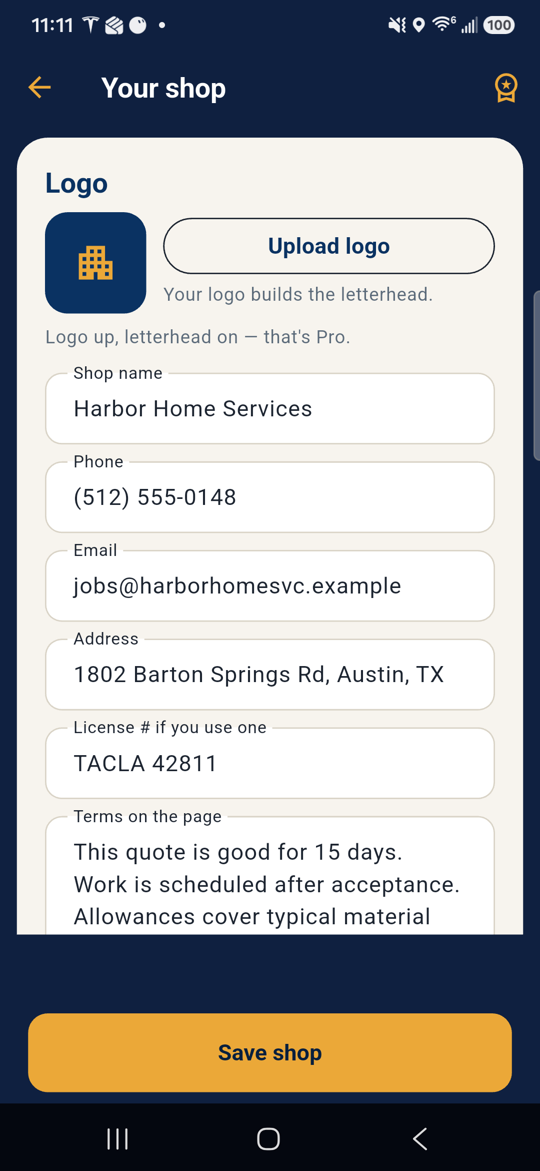 Your shop profile with logo upload and Harbor Home Services details.