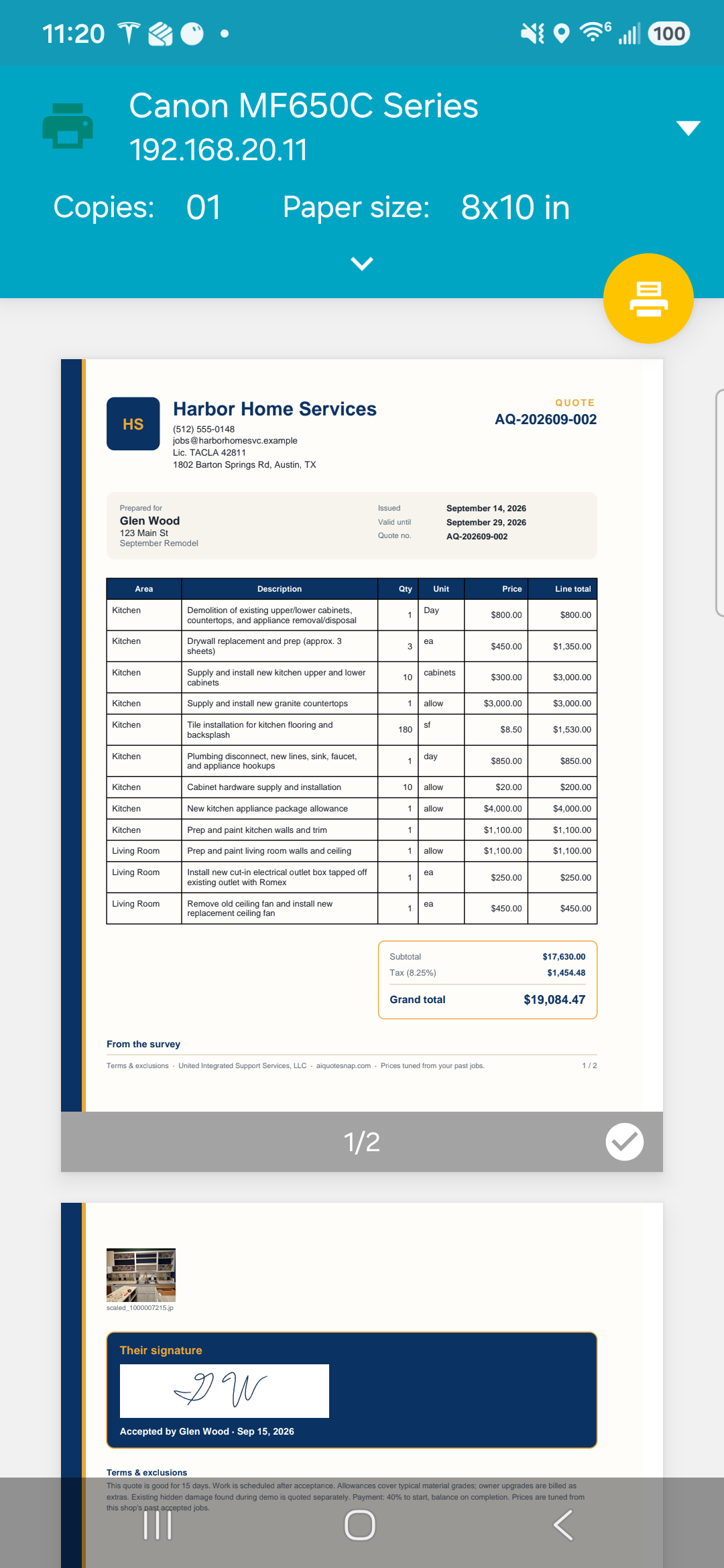 Harbor Home Services letterhead quote PDF with line items, totals, and signature on page two.