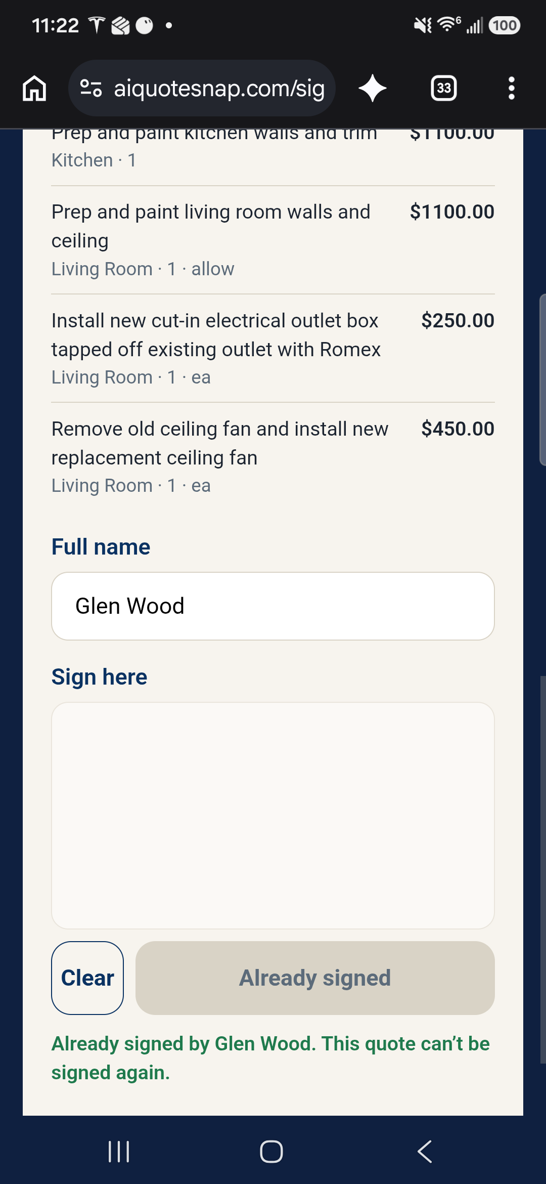 Customer web page showing Already signed by Glen Wood with the sign pad locked blank.