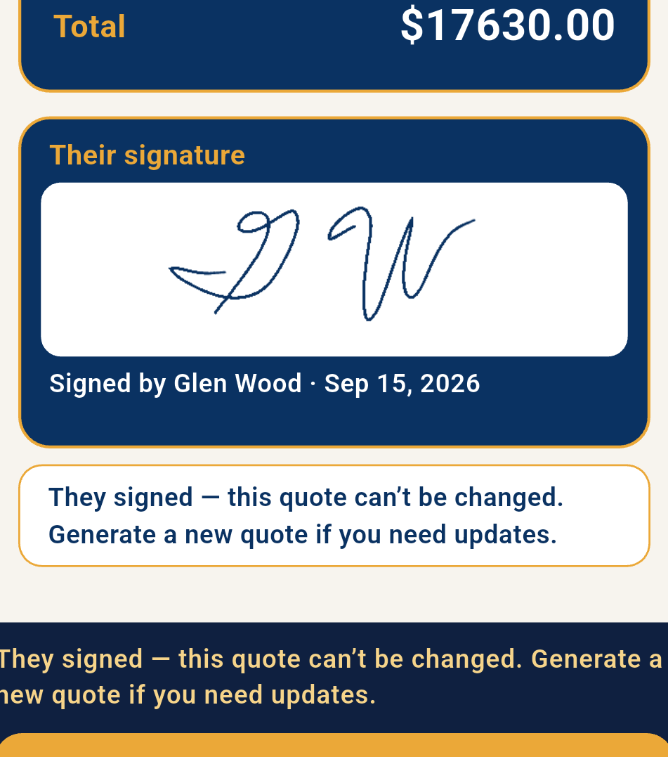 Total and Their signature with Glen Wood’s full handwritten GW ink and Signed by Glen Wood · Sep 15, 2026.
