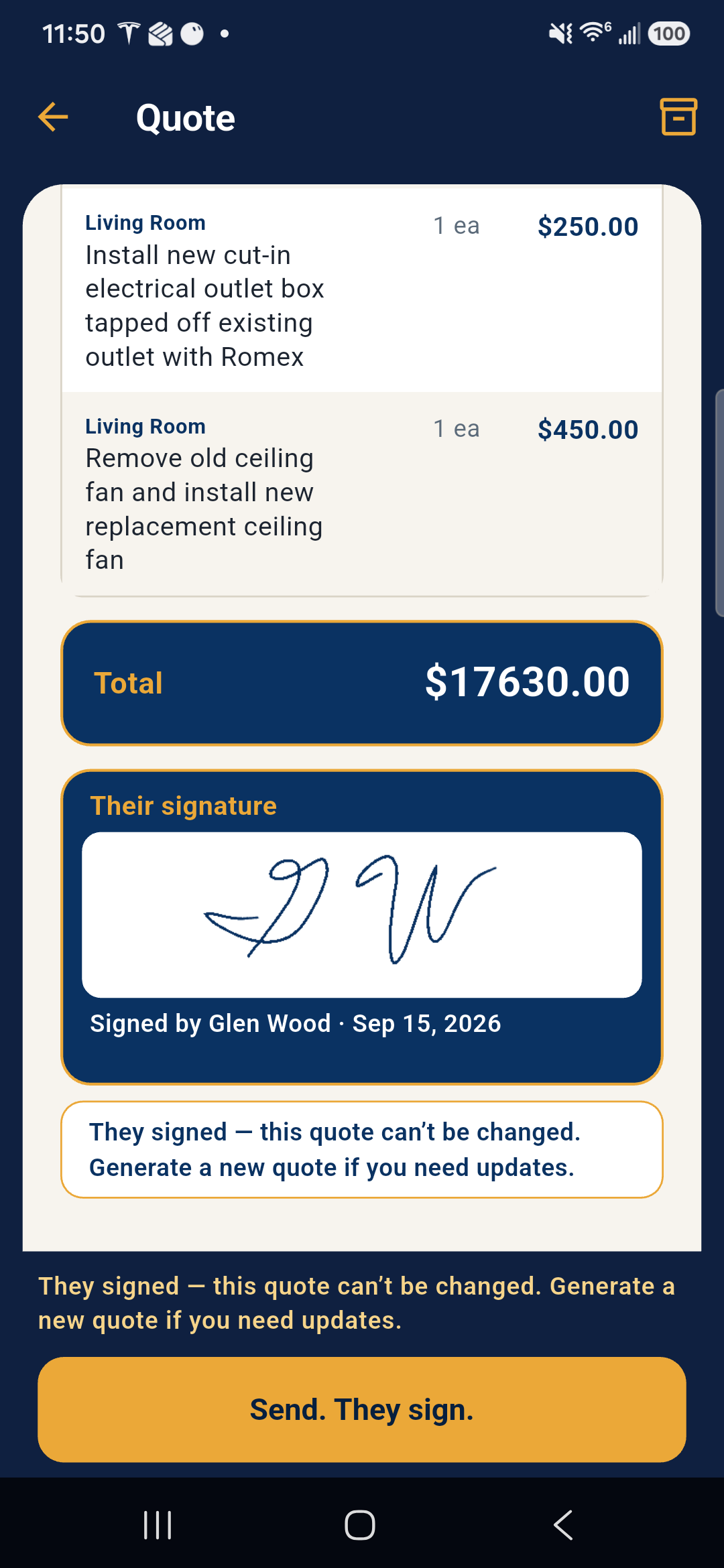 In-app quote scrolled to Their signature with Glen Wood’s handwritten GW ink.