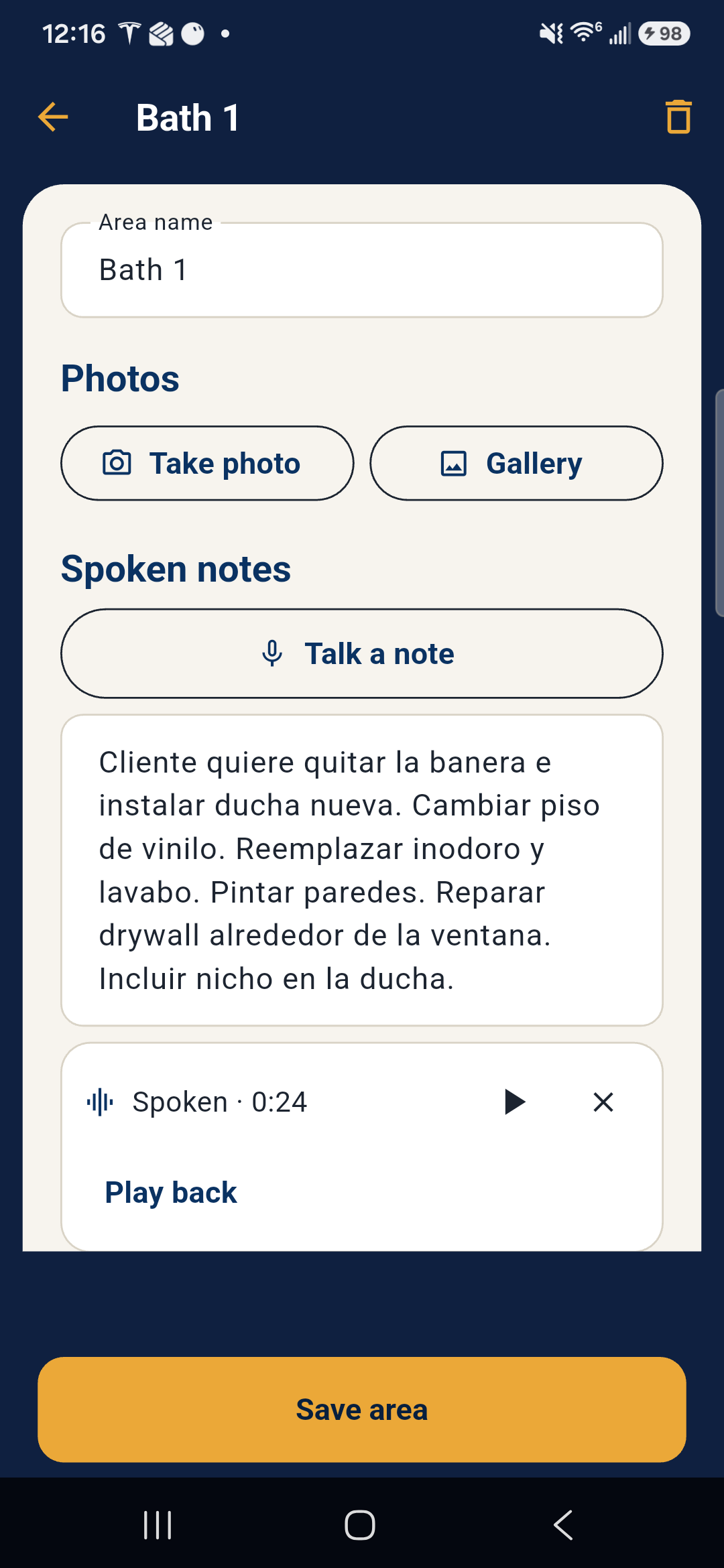Bath 1 area with Spanish spoken notes about a shower remodel.