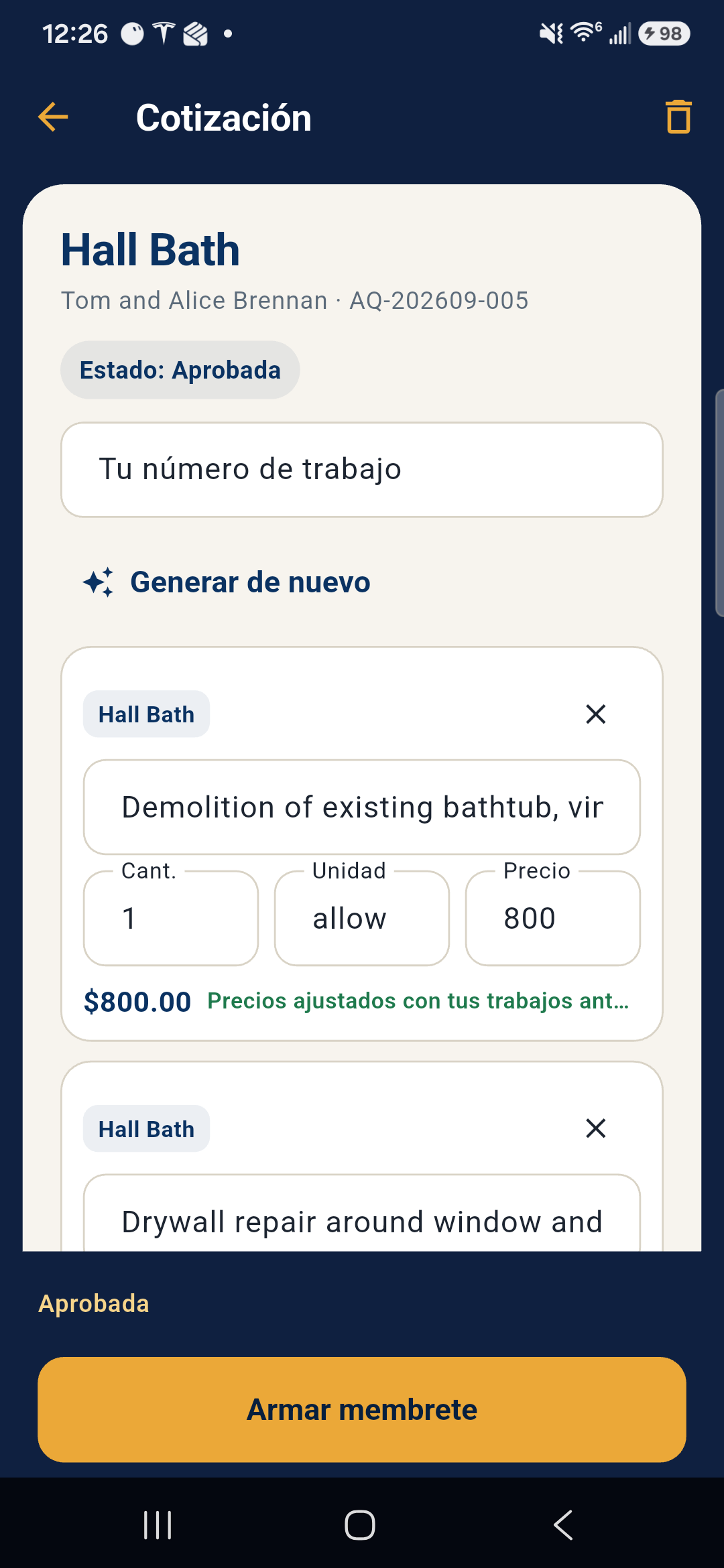 Español quote builder chrome with English line items for Tom and Alice Brennan Hall Bath remodel.